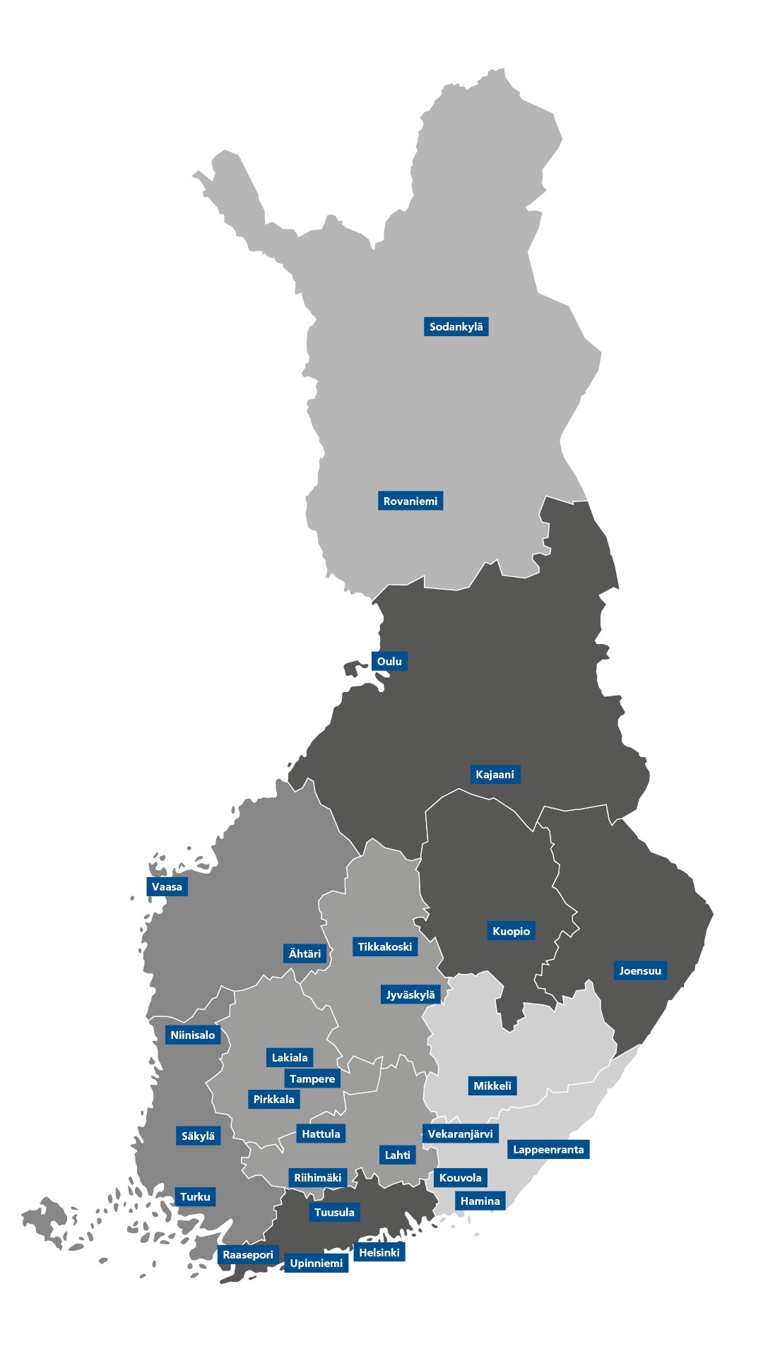 Suomen kartta, jossa merkittynä Puolustusvoimien toimipaikat.